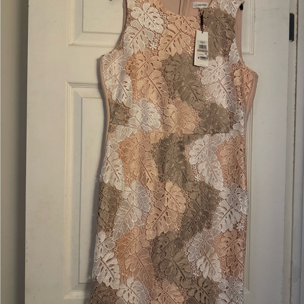 Calvin Klein Beige and White Lace Midi Dress